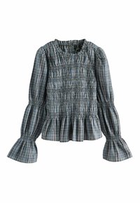 Gerüschte blaue Karo-Bluse mit langen Glockenärmeln und einem gerafften Oberteil. Verfügt über einen Volant-Saum und elastische Bündchen.