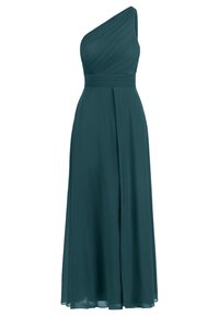 Abendkleid mit einem Schulterträger in tiefem Teal, aus glattem Stoff. Verfügt über einen plissierten Oberteil, eine taillierte Taille und einen fließenden Rock.
