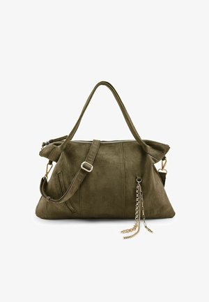 Nepleren tas in olijfgroen met ritssluiting, dubbele handvatten, verstelbare riem, zijzakken en decoratieve kettingaccenten.