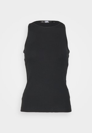Zwarte geribbelde mouwloze aansluitende top met ronde halslijn en Karl Lagerfeld-label binnenin de kraag.