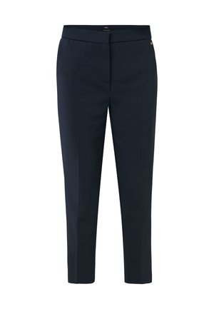 Pantalons bleu marine à coupe ajustée, jambes droites, texture lisse, poches avant et un subtil accent doré près de la taille.