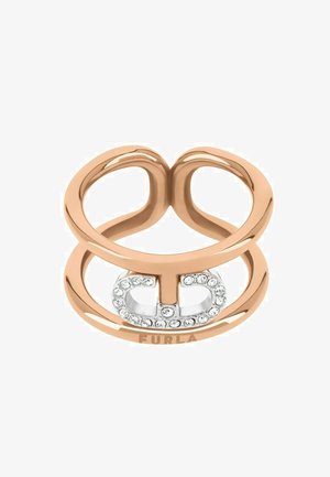 Prsten od ružičastog zlata s otvorenim dizajnom, sa srebrnim logotipom ukrašenim prozirnim kristalima u središtu. Glatka i polirana završna obrada.