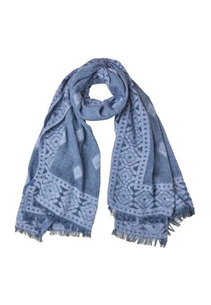 Soft blue scarf with geometric patterns and fringed edges, loosely folded with a central loop on a white background.