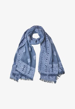 Soft blue scarf with geometric patterns and fringed edges, loosely folded with a central loop on a white background.