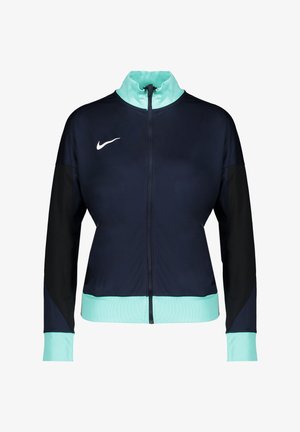 Marineblaue Sportjacke mit Reißverschluss, schwarzen Ärmeln, hellblauem Kragen, Bündchen und Saum, mit weißem Nike-Logo auf der Brust.
