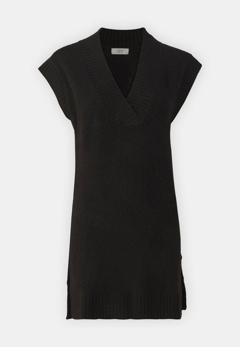 Black knitted vest with a V-neck, short sleeves, and ribbed hem. Features side slits for added movement and texture.