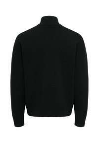 Pull col roulé noir tricoté avec manches longues et poignets, ourlet et col côtelés, montré de dos sur fond blanc.