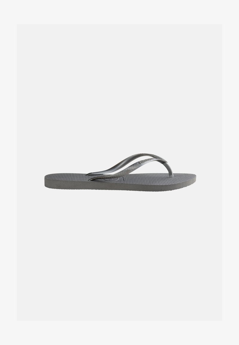 Flat gray flip-flop sandal with textured footbed and thin Y-shaped straps, shown from the side on a plain light background.
