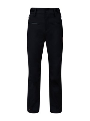 Schwarze Softshell-Hosen für draußen mit Reißverschlussfronttaschen, Knopfverschluss, Gürtelschlaufen und dezentem orangefarbenem Branding am Bein.