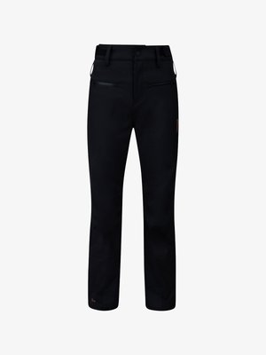 Calças de softshell pretas, para exterior, com bolsos frontais com fecho de correr, fecho de botão, passantes para cinto e uma discreta marcação laranja na perna.