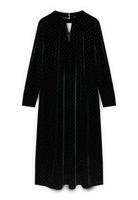 Černé sametové šaty s dlouhými rukávy, výstřihem ve tvaru klíče a stříbrným puntíkovým vzorem. Klasický A-linii s měkkou texturou a dlouhou délkou.