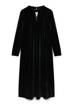 Zwart fluwelen jurk met lange mouwen, sleufhals en zilveren stippenpatroon. A-lijn silhoutte met een zachte textuur en een lengte tot op de vloer.
