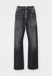 Black denim jeans with a loose fit, featuring five pockets, contrasting stitching, and light fading, creating a worn texture.