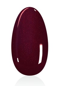 Vernice per unghie bordeaux profondo con una finitura lucida, caratterizzata da un leggero luccichio e da micro glitter, modellata in una forma ovale.