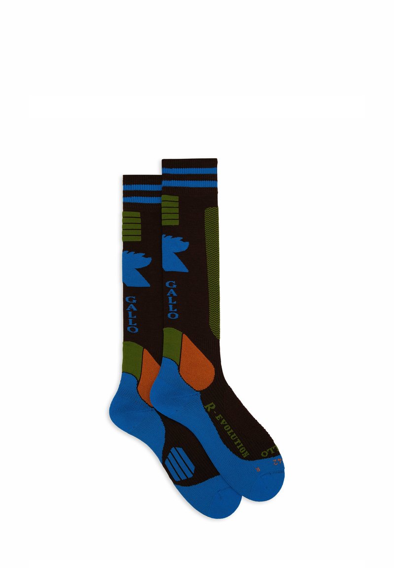 Calze fino al ginocchio con una base marrone, accenti vivaci blu, verde e arancione, con motivi geometrici e testo del marchio. Realizzate in materiale elasticizzato.