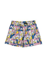 Pantaloni corti multicolori con un motivo di personaggi dei cartoni animati su uno sfondo bianco. Fascia elastica in vita con dettagli testuali "DAISY".