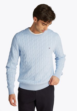 Uomo che indossa un maglione a trecce azzurro chiaro con piccolo logo sul petto, guarda verso il basso, con pantaloni neri su sfondo bianco.