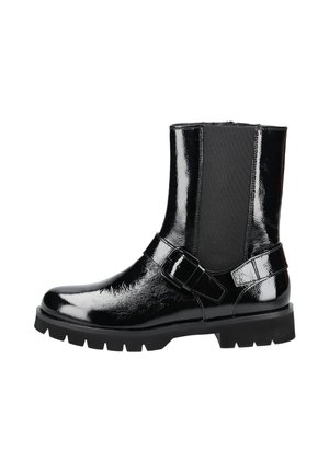 Black patent leather ankle boot with elastic side panels, a buckle accent, and thick rubber sole. Features a smooth, glossy finish.