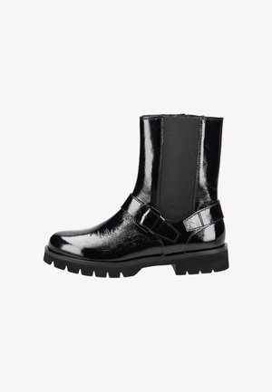 Black patent leather ankle boot with elastic side panels, a buckle accent, and thick rubber sole. Features a smooth, glossy finish.