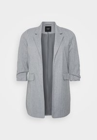 Lichtgrijze blazer met een visgraatstructuur, voorzien van een frontopening, korte mouwen en twee voordozen. Gevoerde binnenkant.