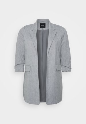 Lichtgrijze blazer met een visgraatstructuur, voorzien van een frontopening, korte mouwen en twee voordozen. Gevoerde binnenkant.