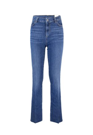 Hoge taille blauwe denim jeans met een flared leg ontwerp, voorzien van een klassieke vijf-pocket stijl en subtiele stikseldetails.