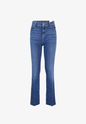 Jeans in denim blu a vita alta con un design a gamba svasata, caratterizzati da un classico stile a cinque tasche e dettagli di cucitura sottili.