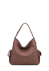 Borsa hobo in pelle marrone con finitura testurizzata, forma curvata e singolo manico per la spalla; presenta tasche laterali e un dettagliato logo discreto.