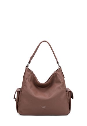 Borsa hobo in pelle marrone con finitura testurizzata, forma curvata e singolo manico per la spalla; presenta tasche laterali e un dettagliato logo discreto.