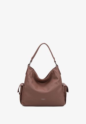 Brown leather hobo bag with a textured finish, curved shape, and single shoulder strap; features side pockets and a subtle logo detail.