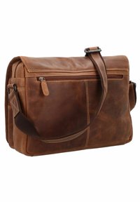 Brown leather messenger bag with a textured finish, adjustable strap, front zip pocket, and simple stitching details. Rectangular shape.