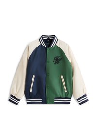 Varsity-Jacke mit dunkelblauen und grünen Frontpaneelen, cremefarbenen Ärmeln, gestreiftem Rippkragen und -bündchen, Fronttaschen und einer FH-Stickerei auf der Brust.