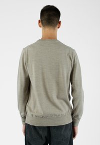 Maglione grigio chiaro con polsini e orlo a coste, caratterizzato da una texture liscia e un classico scollo rotondo, mostrato dal retro.