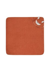 Orange, rectangular cotton blanket featuring a hood with a fox face design and ears; soft texture, simple design, stitched edges.