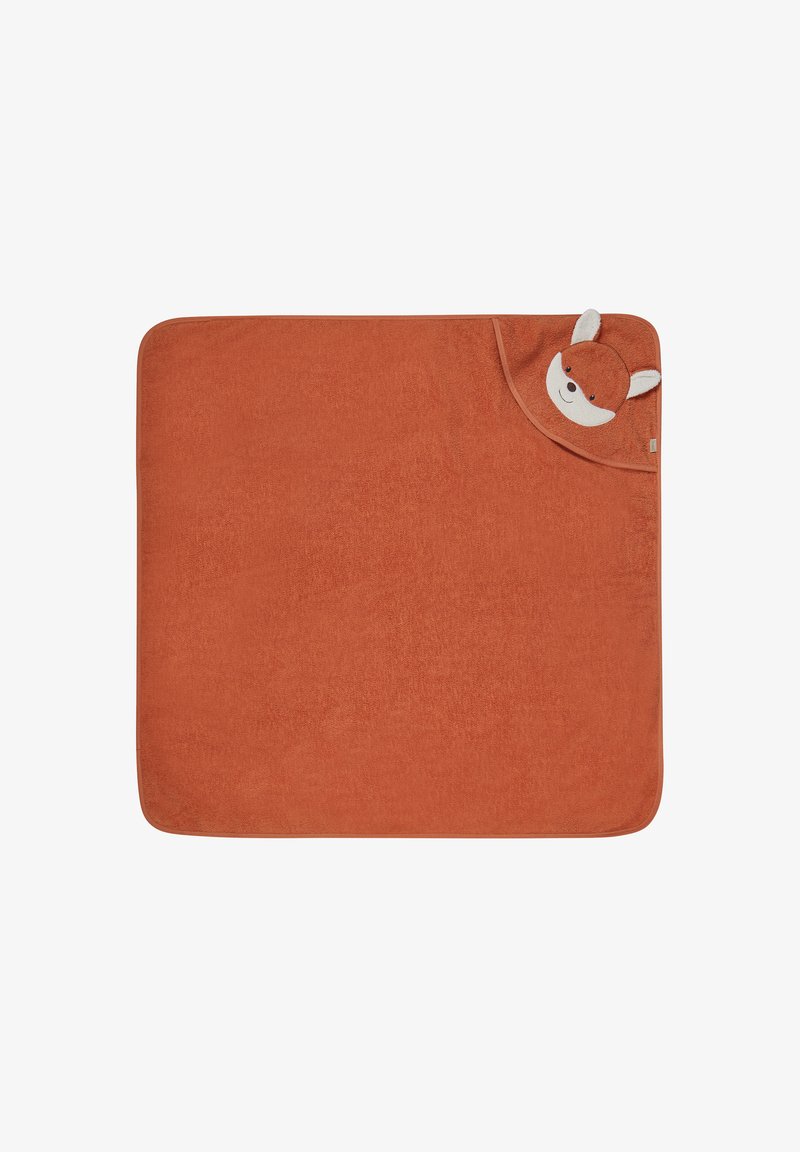 Orange, rectangular cotton blanket featuring a hood with a fox face design and ears; soft texture, simple design, stitched edges.