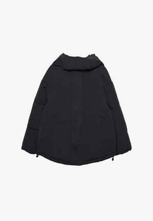 Zwarte gewatteerde parka jas met een capuchon, met een losse pasvorm, lange mouwen, twee voorkruispockets en een koord onderaan. Zachte textuur.