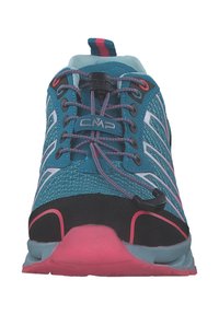 Blue and black athletic shoe with a textured mesh upper, pink accents, reflective stripes, and a toggle lace system for secure fit.