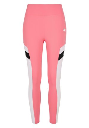 Różowe legginsy sportowe z wysokim stanem, czarno-białymi bocznymi panelami i gładką, elastyczną teksturą materiału.