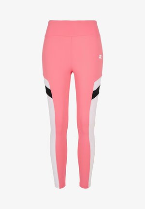 Rózsaszín sport leggings, magas derékkal, fekete és fehér oldalsó panelekben, sima, rugalmas anyag textúrával.