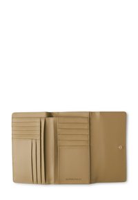 Beige leather wallet with multiple card slots, a small pocket, and an embossed logo. Smooth texture and minimalist design.