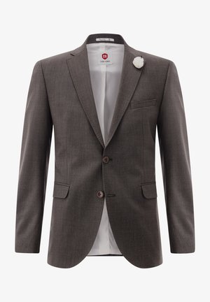 Brown men's tailored blazer with two buttons, flap pockets, white lining, and white floral lapel pin on collar.