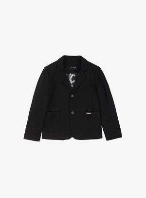 Blazer nero con colletto a punta, due tasche frontali e due bottoni. L'interno presenta una fodera a motivo. Etichetta del marchio visibile.