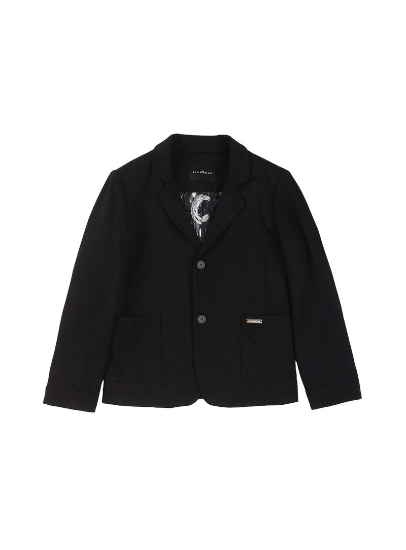 Blazer nero con colletto a punta, due tasche frontali e due bottoni. L'interno presenta una fodera a motivo. Etichetta del marchio visibile.