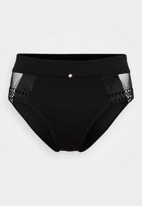 Fekete, magas derekú bikini alsó, áttetsző hálós részletekkel és mintás panellel az oldalakon. Egy kis arany logó az elején.