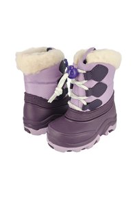 Lila, wasserdichte Stiefel mit einem flauschigen, cremefarbenen Futter, gestaltet mit einer Schnürung, Gummisohle und verstärkten Akzenten für Langlebigkeit.