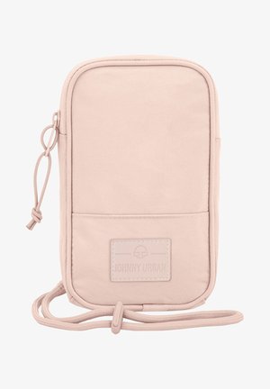 Vaaleanpunainen kangaspussi, jossa on sileä pinta, vetoketjukiinnitys ja etutasku. Pussissa on logopatch ja säädettävä hihna.