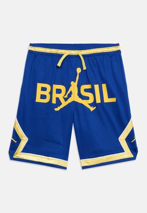 Modré basketbalové šortky so žltou lemovkou a šnúrkou, s nápisom "BRASIL" a žltým siluetovým logom hráča basketbalu uprostred skoku.