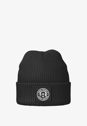 Black ribbed knit beanie featuring a folded cuff and a circular patch with "HATE PEOPLE LOVE COFFEE" text and a graphic of a cat.