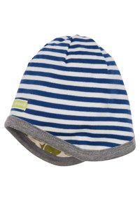 Beanie a righe blu e bianche con bordo grigio, realizzato in tessuto morbido. Presenta un'etichetta con logo verde sul lato.