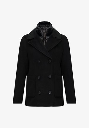 Zwarte wollen blend jas met een dubbelzijdig ontwerp, grote ingesneden revers, twee voorzakken en een ritssluiting aan de binnenkant.